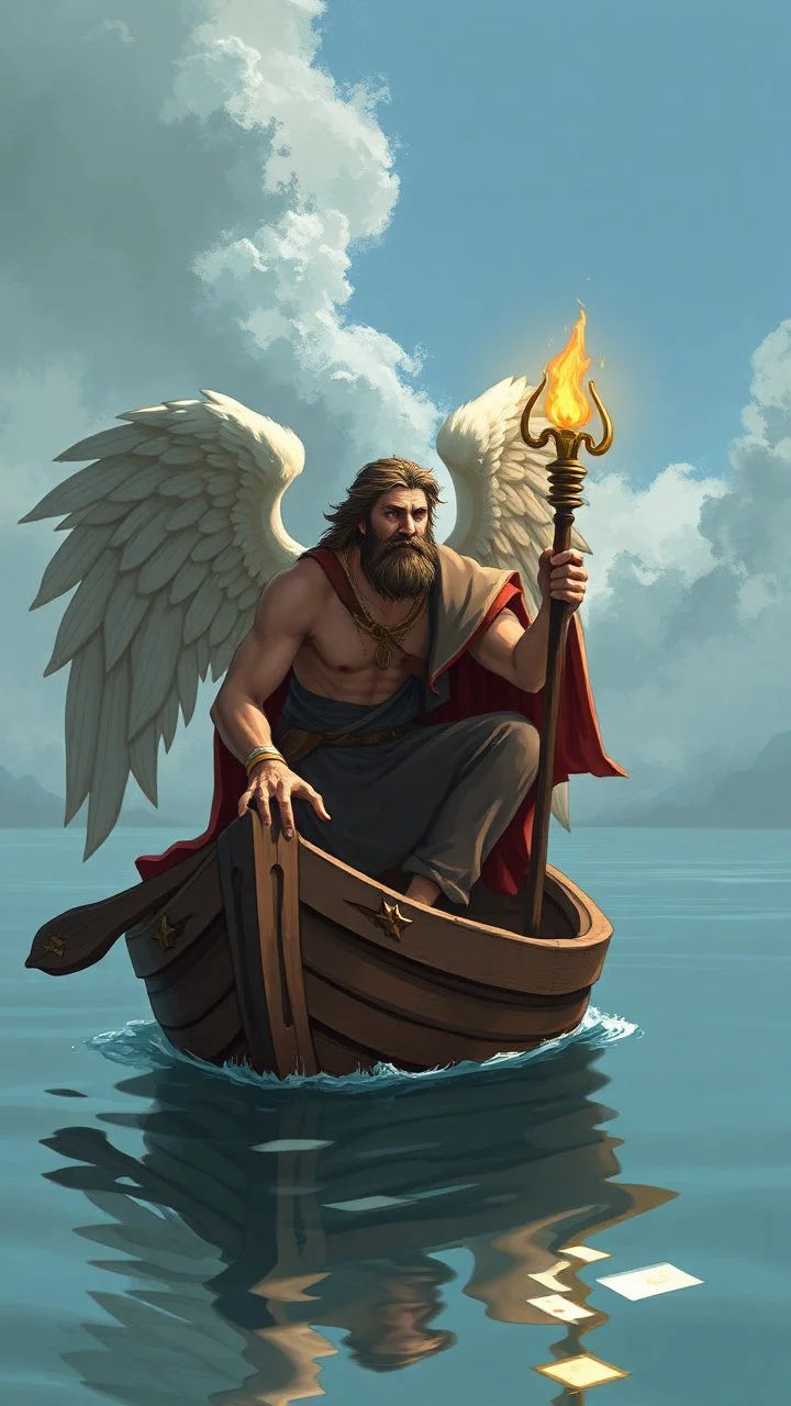 Charon in his boat wearing angel