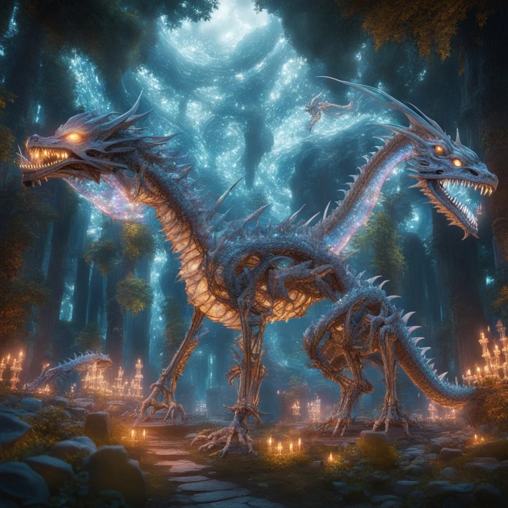 giant glass dragon skeleton merge over the holy city, enchanted forest, glowing flora, bright, glowing, sparkles, 8k, incredible depth, dramatic lighting, beautifully intricate details, clean environment, epic dynamic scene