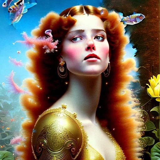 Hyperdetailed oil on canvas, young robyn lively by an ornate fountain, goldfish pond, lotus, detailed face, long muti-hued red curly hair; by gaspar camps, maxfield parrish, alphonse mucha, cyril rolando, dan mumford; luminous colorful sparkles, glitter, airbrush, octane render, volumetric lighting, 16k