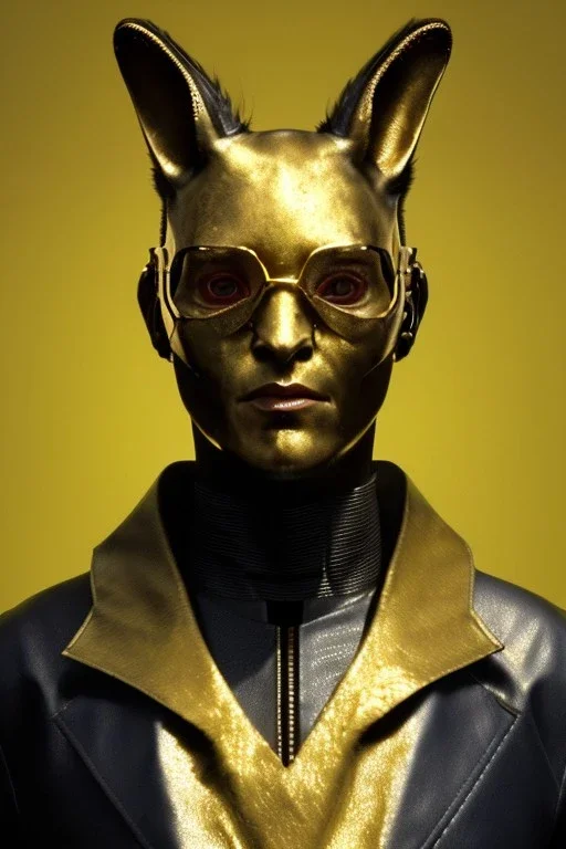 Medium Close Up Portrait, Front image. cyberpunk, rabbit mask, sweet woman, gold hair. Leather, feather suit. Yellow, red, color. Samurai style. Color background, photo studio. Avatar image, highly detailed, concept art, smooth, unreal engine 5, ray tracing, RTX, lumen lighting, ultra detail, volumetric lighting, 3d, finely drawn, high definition, high resolution.