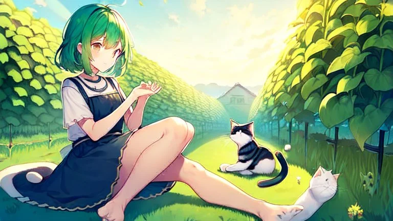 Girl, green hair, cat paws in hand, farm, sit, cat paws in feet