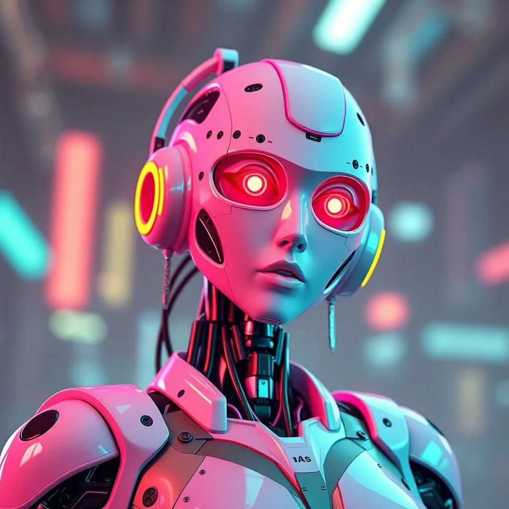 a cyberpunk feminine android robot, bright colours, futuristic, dystopia, stylised, digital art, 3d render