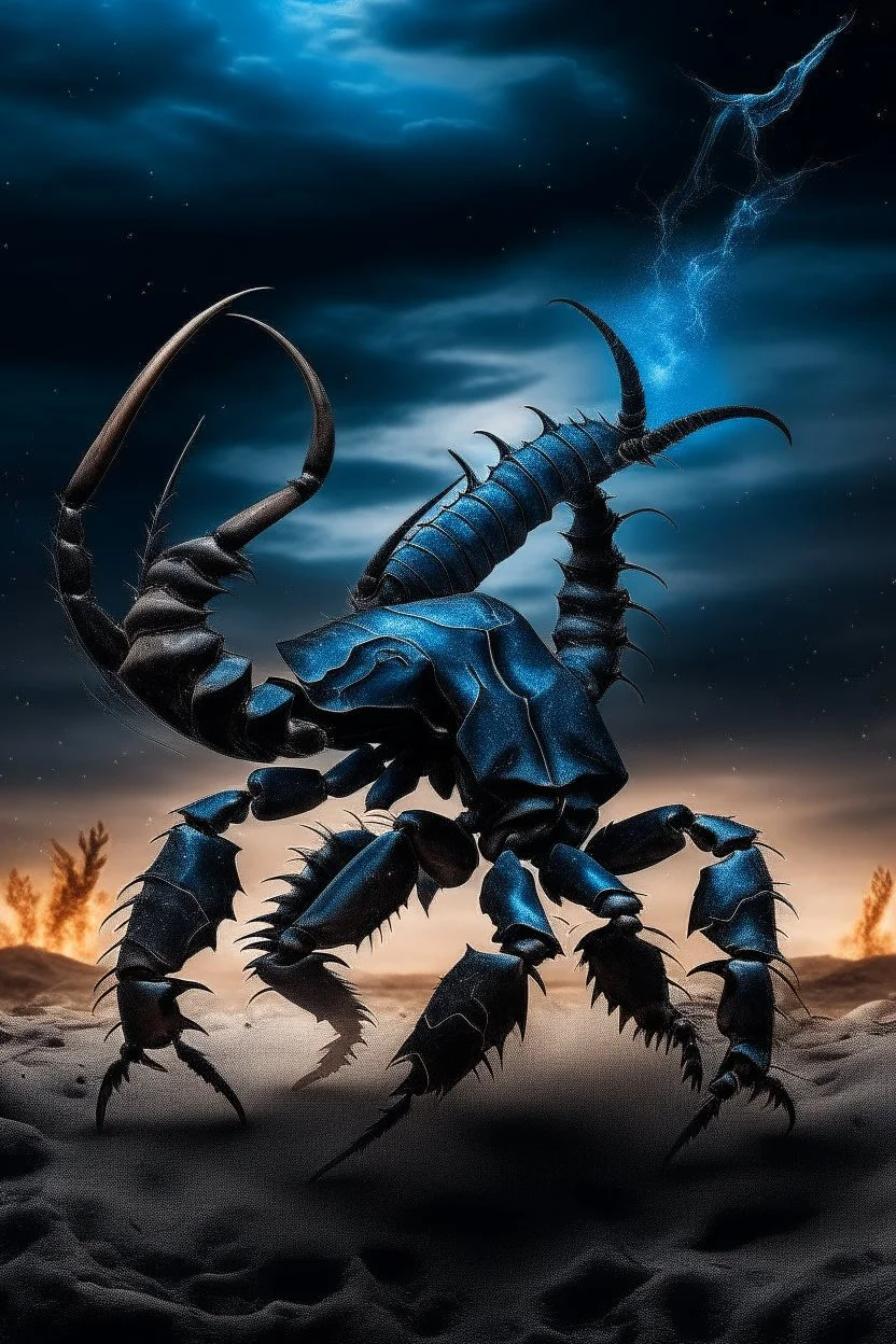 Black emperor Scorpio emblem on a burning landscape background With its Tail curled up behind his back ready to strike and from claws grasping under a storming sky with blue lightening striking around it