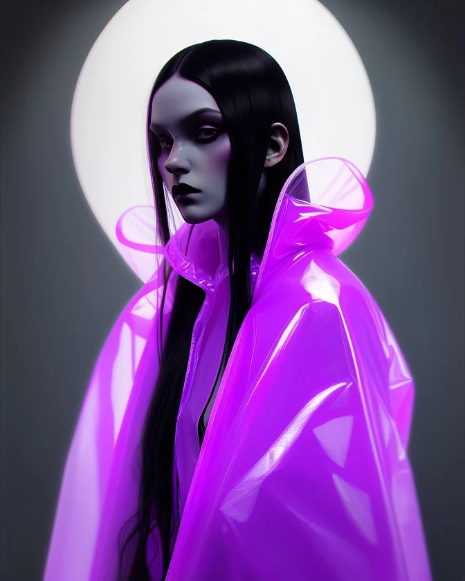 painting by koson ohara and marta bevacqua, portrait of a beautiful goth woman with long black hair, wearing a plastic raincoat, purple neon lighting, 8k, high quality, highly detailed