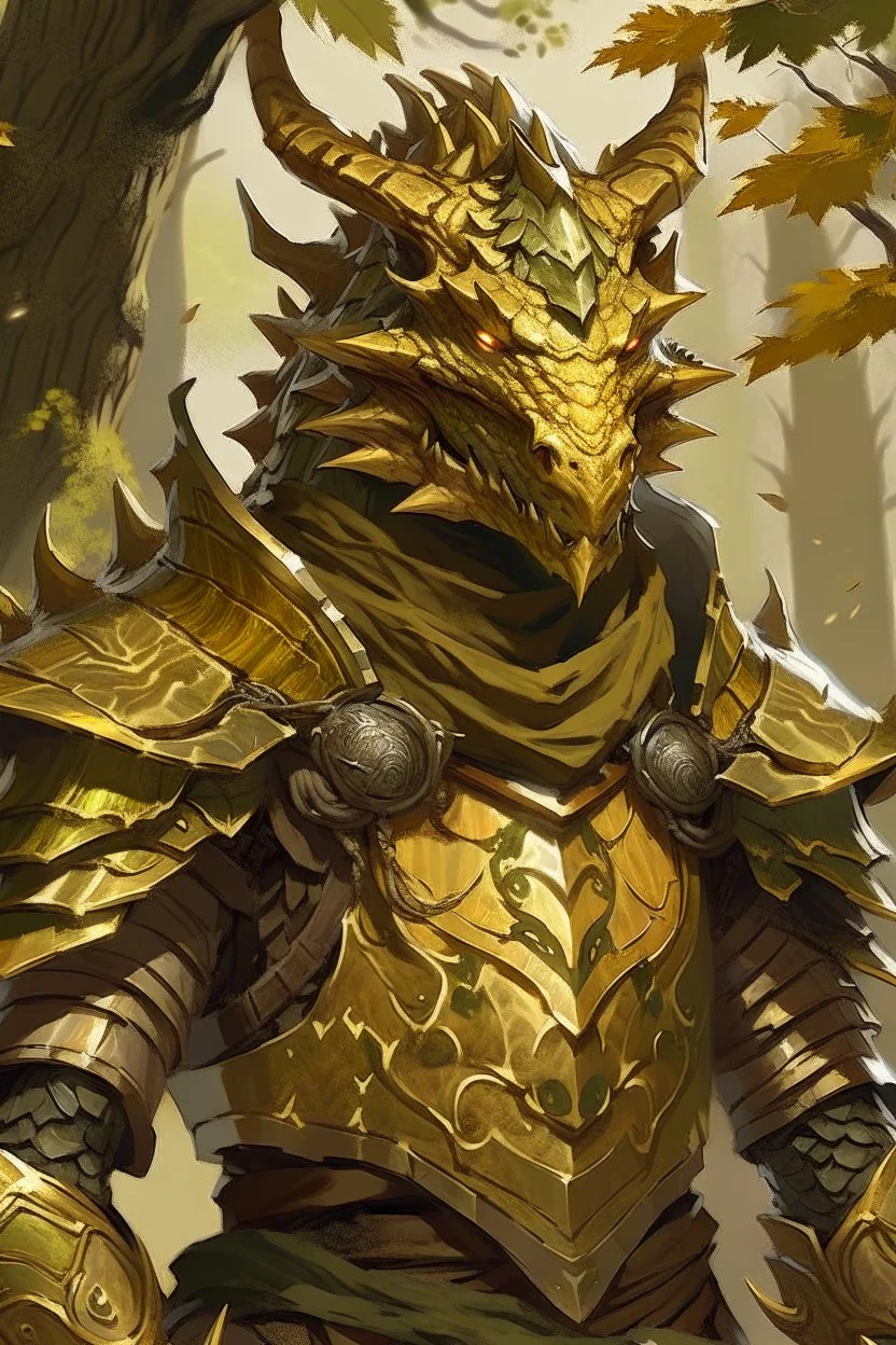 Dragonborn DnD, golden, friendly face, tree knight