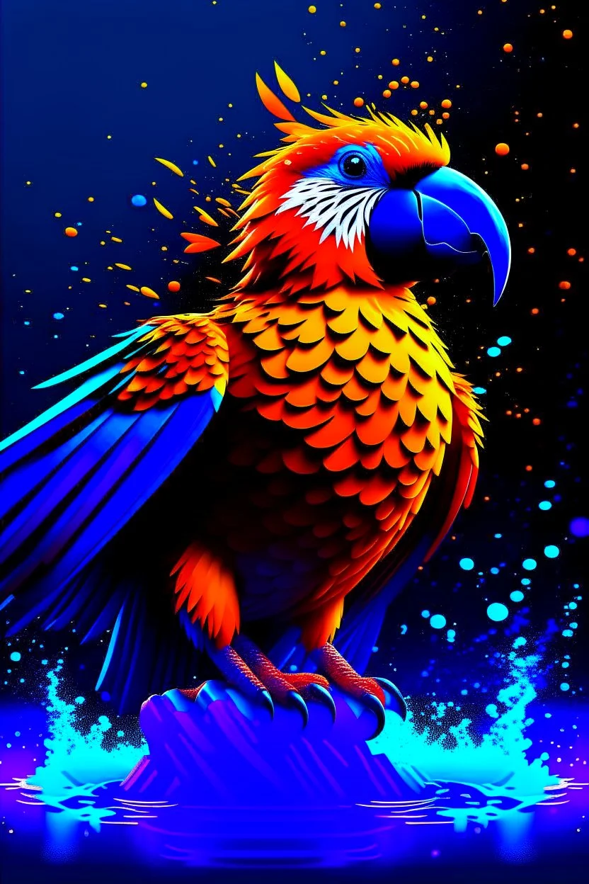 Generate an full body image of a parrot has a magma objects in the background and ocean objects in the background objects with an anime animal style.On Canvas, Brush Strokes, Smooth, Ultra High Definition, 8k, Unreal Engine 5, Ultra Sharp Focus, Intricate Artwork Masterpiece, Ominous, Golden Ratio, Highly Detailed, photo, poster, fashion, illustration