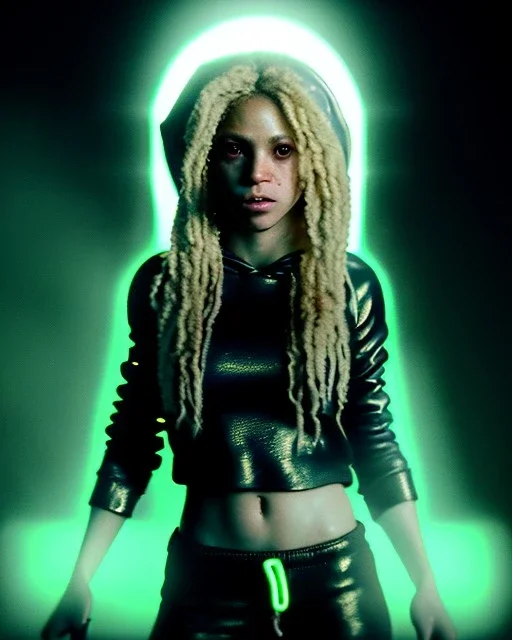 portrait, Shakira, angry, Realistic image, hoodie, fight pose, make-up make-up, gold line make-up, sweat, fog, goddess style, Neon colors, leds. Black background, photo studio, concept art, smooth, unreal engine 5, god lights, ray tracing, RTX, lumen lighting, ultra detail, volumetric lighting, 3d, finely drawn, high definition, 4k.