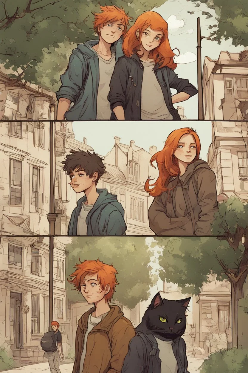 Act like a book cover designer. Use comic style. Grimmy black cat and a group of three teenagers (13-15 years old) - two brothers with ginger hair and frickles with a brown-haired girl. Environment: old town.