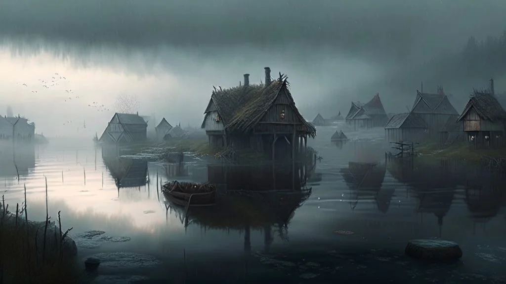 The cloudy day enveloped the village in a cold embrace, while the water of the lake whispered forgotten tales.