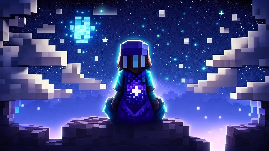 Minecraft Character, minecraft theme, purple starry sky, meditating, aesthetic, facing back, wearing gown, chinese theme,