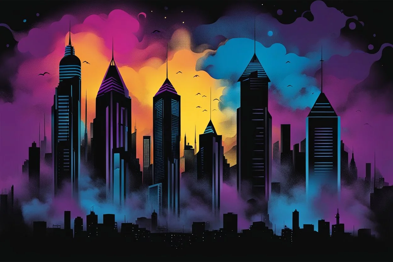 A vibrant blue energy betwen the houses, a deep black, purple sky. the essence of the energetic and captivating , in nightly scene in the higtech cyber city where a human siluette standing in fog, looking to the city. On towers codes languages. surrealism and minimalism, abstract symbols, splash art, black drawing with ink, blurring effect