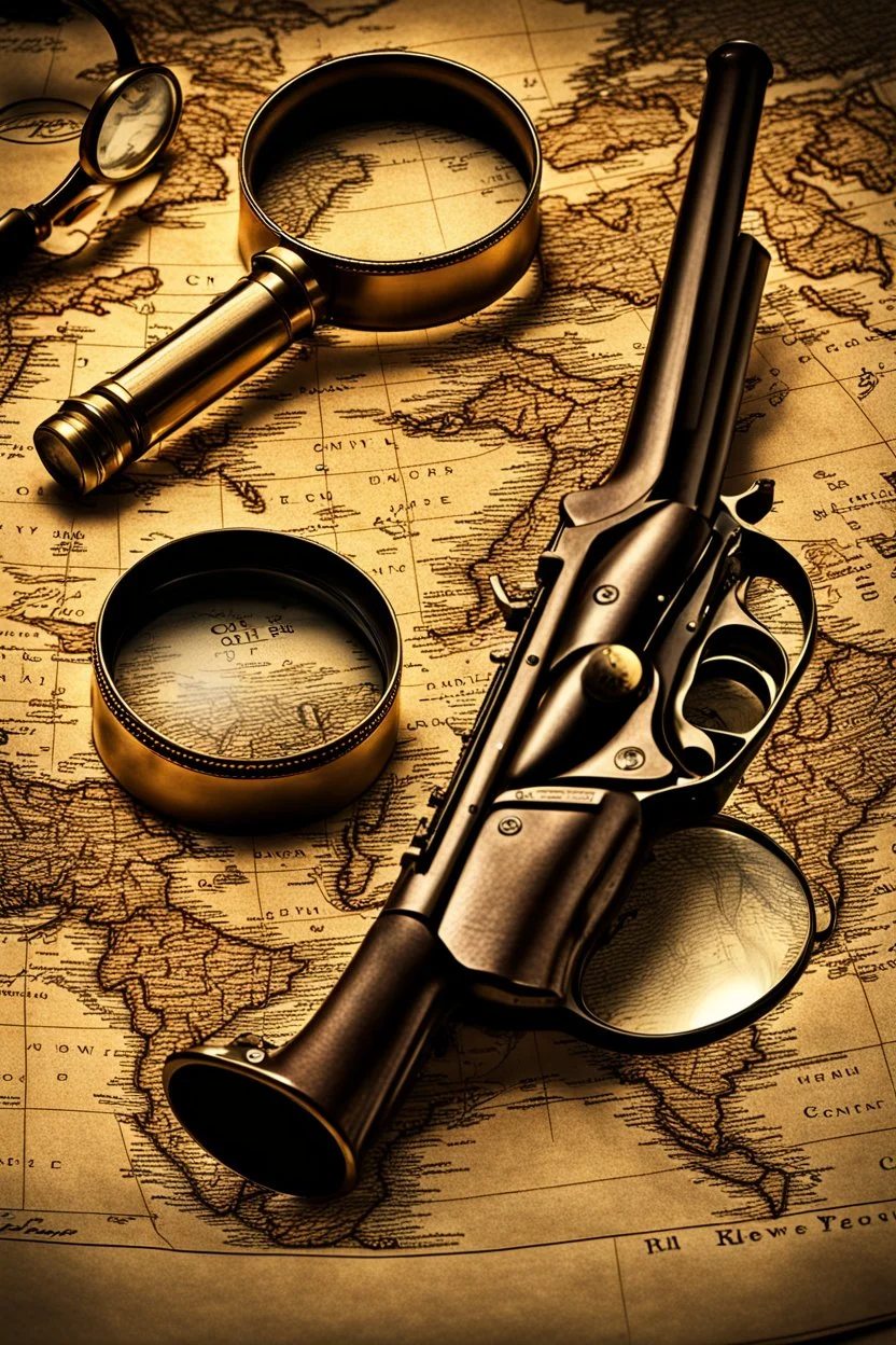 Colt 45 revolver laying on an old map next to a magnifying glass, hyper realistic