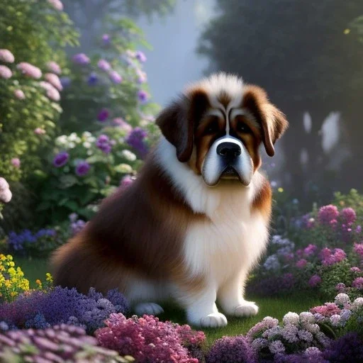 pixar style, volumetric summer garden environment and background, realistic painting of saint Bernard, looking excited, volumetric lighting, dramatic lighting, detailed digital painting, extreme dense and fine fur, anime, ornate, colour-washed colors, elegant, small minutiae, tiny features, particulars, centered, smooth, sharp focus, renderman gofur render, 8k, uhd, detailed eyes, realistic shaded volumetric lighting, sunlight caustics, backlight, centered camera view