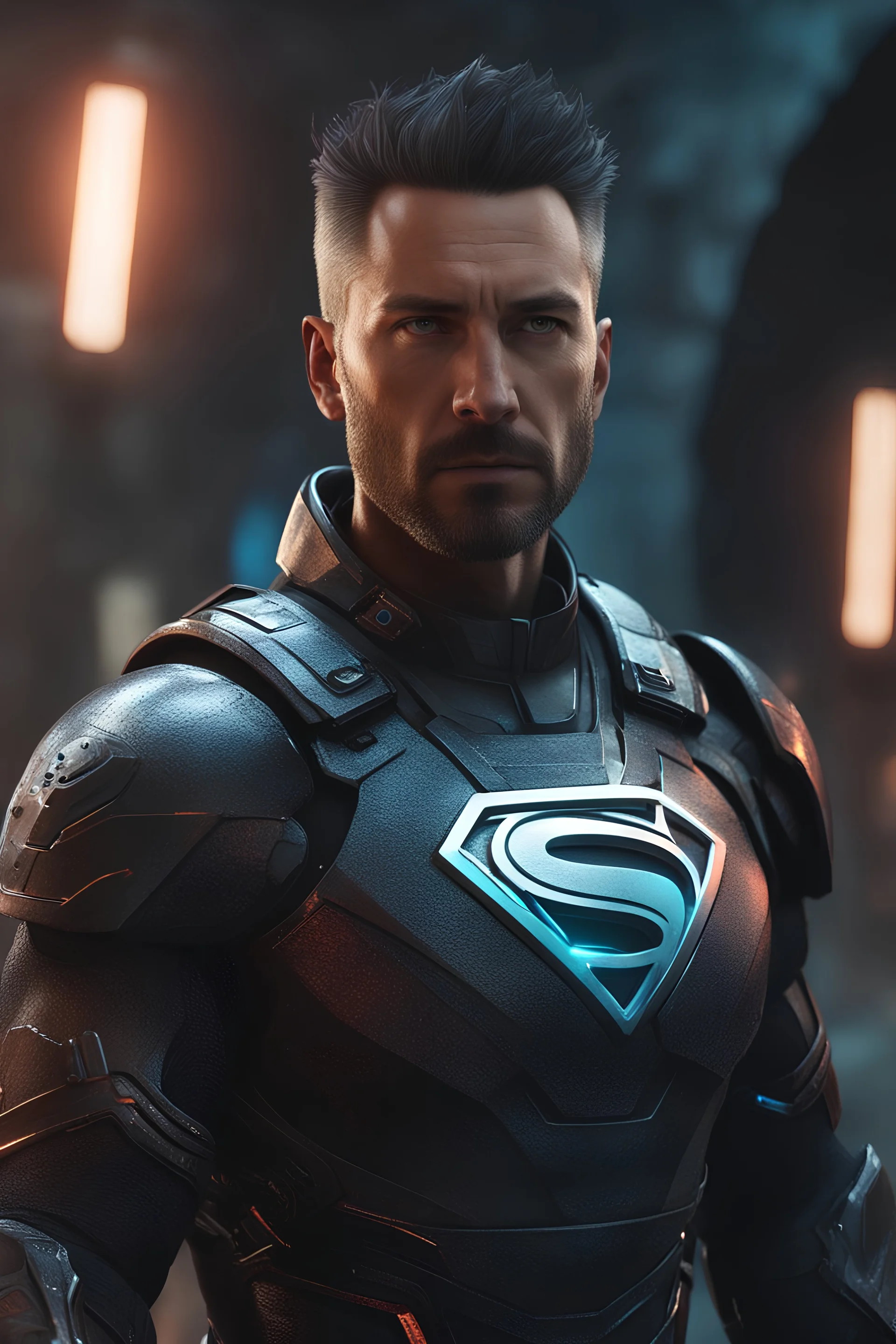 cyberpunk warrior white man, 38 years old, short hair, running a marathon, black superman shirt, 8k render cyberpunk colors,Ultra level Photorealistic, Within the mystical aura of a forgotten cave, The light plays upon his armored suit, revealing intricate details and the battle-worn marks of his crusade. As he gazes ahead, his eyes seem to hold the secrets of both the mortal world and the mystical realm,