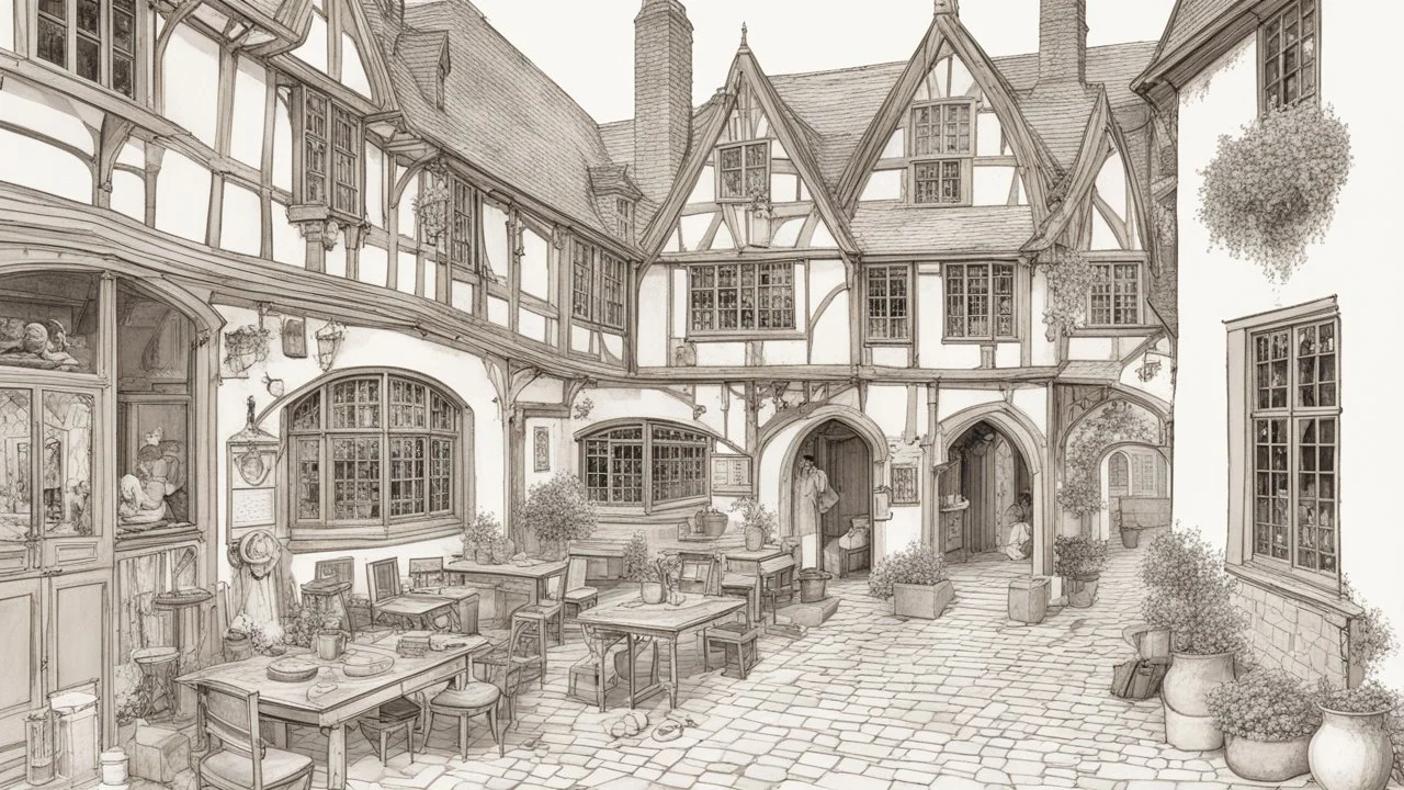 A Paved Courtyard, With Tudor Gothic Houses, Tall Chimneys, Crooked Roofs, a small stream, People, Shops,