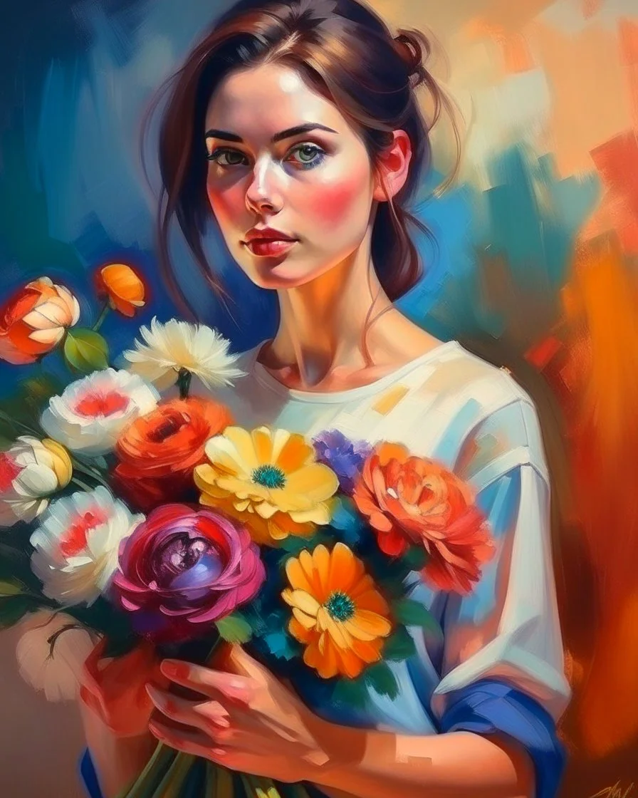 painting style about woman holding flowers