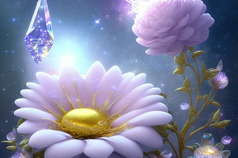 one big crystal subtle flower in a galactic ambiance, transparent petals, delicate colors, in the foreground, with a very little beautiful fairy, full of details, smooth, bright sunshine，soft light atmosphere, light effect，vaporwave colorful, concept art, smooth, extremely sharp detail, finely tuned detail, ultra high definition, 8 k, unreal engine 5, ultra sharp focus