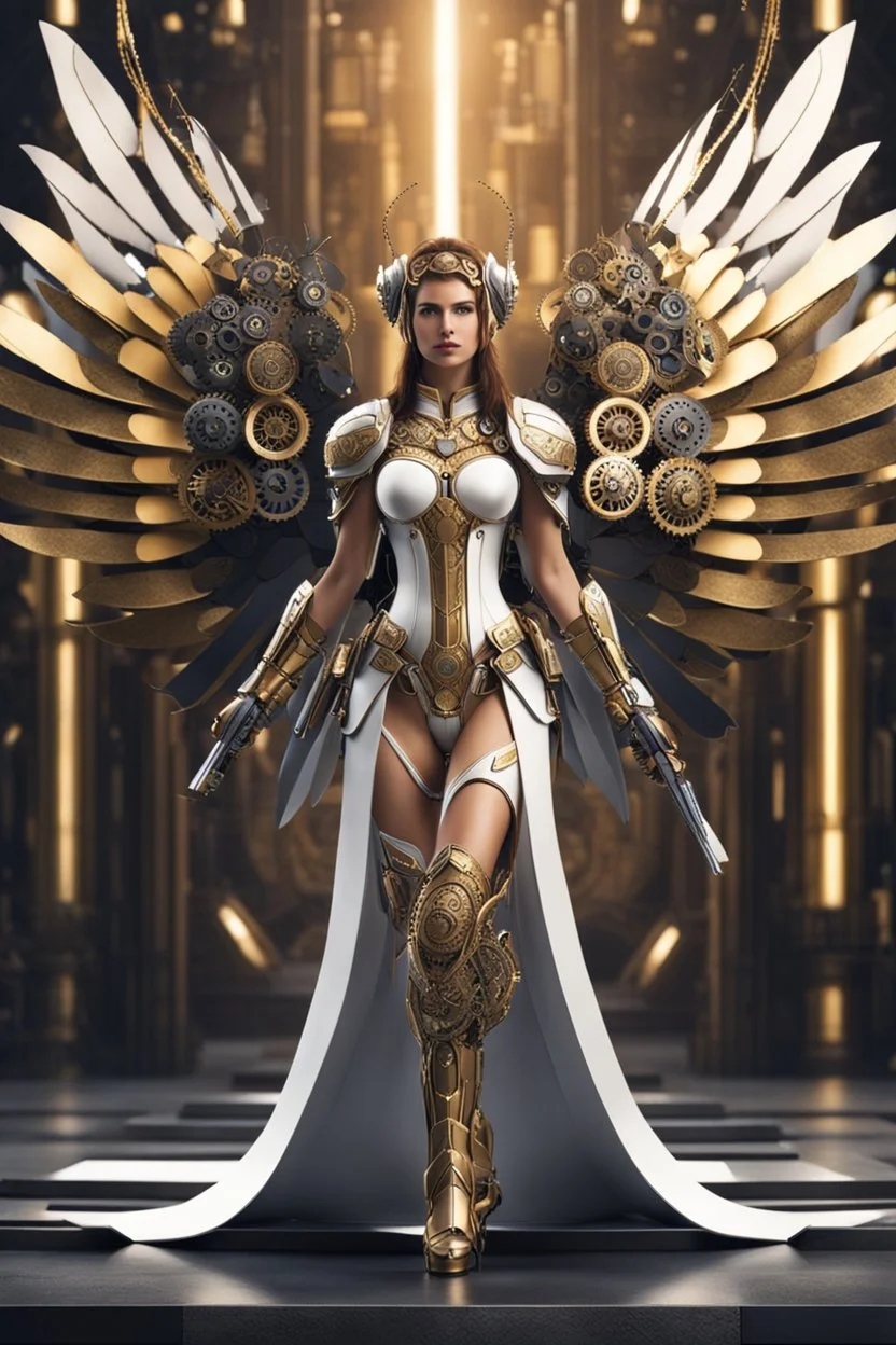 Photo Full body Lady Angel cyborg straddle wings, using traditional armor,detailed, intricate,gears cogs cables wires circuits, gold silver chrome copper,abstract background