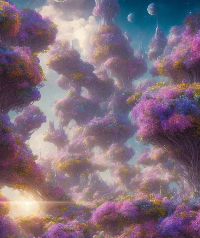 crystal cosmic and galactic ambiance hill sky sunny flowers stairs trees futuristic landscape, full of details, smooth, bright sunshine，soft light atmosphere, light effect，vaporwave colorful, concept art, smooth, extremely sharp detail, finely tuned detail, ultra high definition, 8 k, unreal engine 5, ultra sharp focus