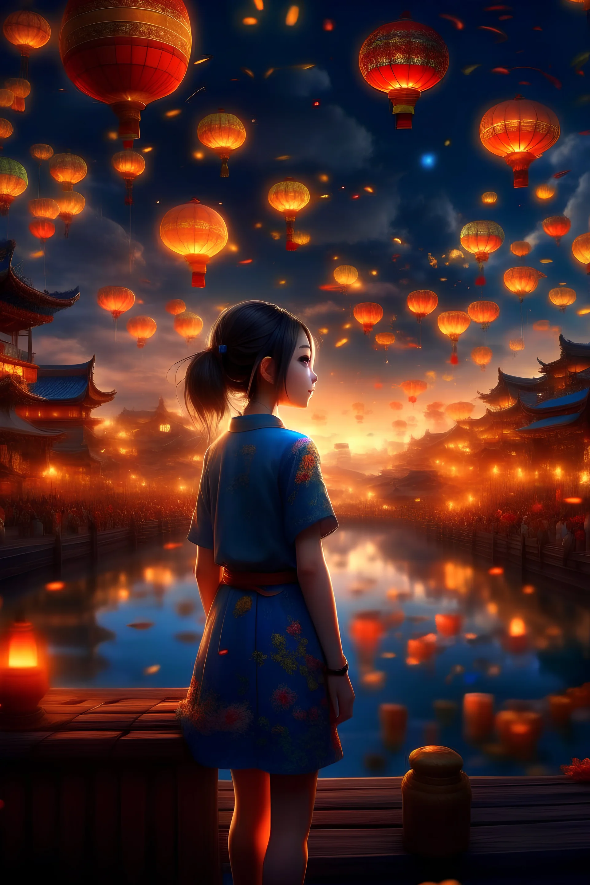 Overall warm colors with a bit of cool colors,fireworks shows,performances,lively Chinese market nights,movie-like scenes,dramatic scenes, (best quality) (masterpiece) (highres),illustration,original,extremely detailed wallpaper,1girl,beautiful detailed sky,beautiful detailed water,cinematic lighting,dramatic angle,extremely detailed CG unity 8k wallpaper,cinematic highlight hair,studio photography,