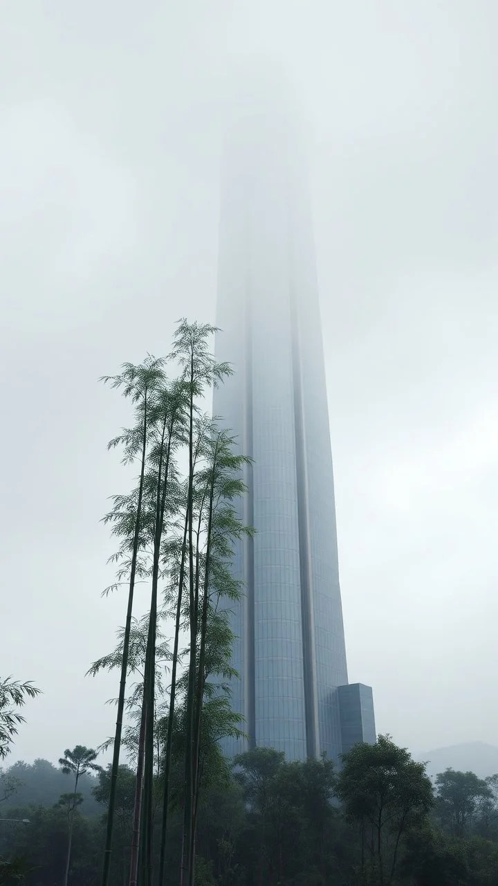 realistic photo of a tall bamboo trees in a landscape, a big building from the future with foggy clouds and gray sky