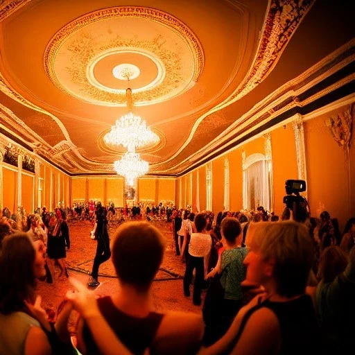 Party in a ballroom, cheering people, Austrian aesthetic, warm colors, 8k, HD, cinematography, photorealistic, Cinematic, Color Grading, Ultra-Wide Angle, Depth of Field, hyper-detailed, beautifully color-coded, insane details, intricate details, beautifully color graded, Cinematic, Color Grading, Editorial Photography, Depth of Field, DOF, Tilt Blur, White Balance, 32k, Super-Resolution, Megapixel, ProPhoto RGB, VR, Halfrear Lighting, Backlight, Na