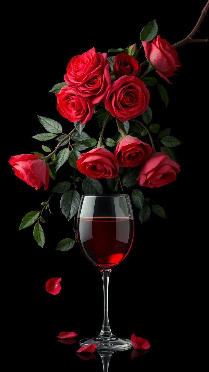 The image is a digital artwork that depicts a branch of tree of Red roses and leaves tangling down cr The background is black, which makes a branch of a tree of red roses stand out even more adding to the dreamy, ethereal quality of the image.all leaves and A big glass of red wine up in front the roses