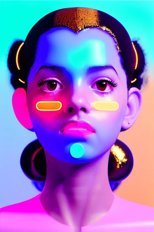 Rosalía artist, Realistic image, natural waist up portrait, perfect eyes, glow, circle iris, eye liner. sweet face, pigtails hair, spray line make up, glow. lips, gold. big rings piercing, led ornament, pearls. inflatable latex coat, cold, led lights, minimal, neon, pink, blue, gold, vibrant color, highly detailed, art stations, concept art, smooth, unreal engine 5, god lights, ray tracing, RTX, lumen lighting, ultra detail, volumetric lighting, 3d, finely drawn, high definition, 4k.