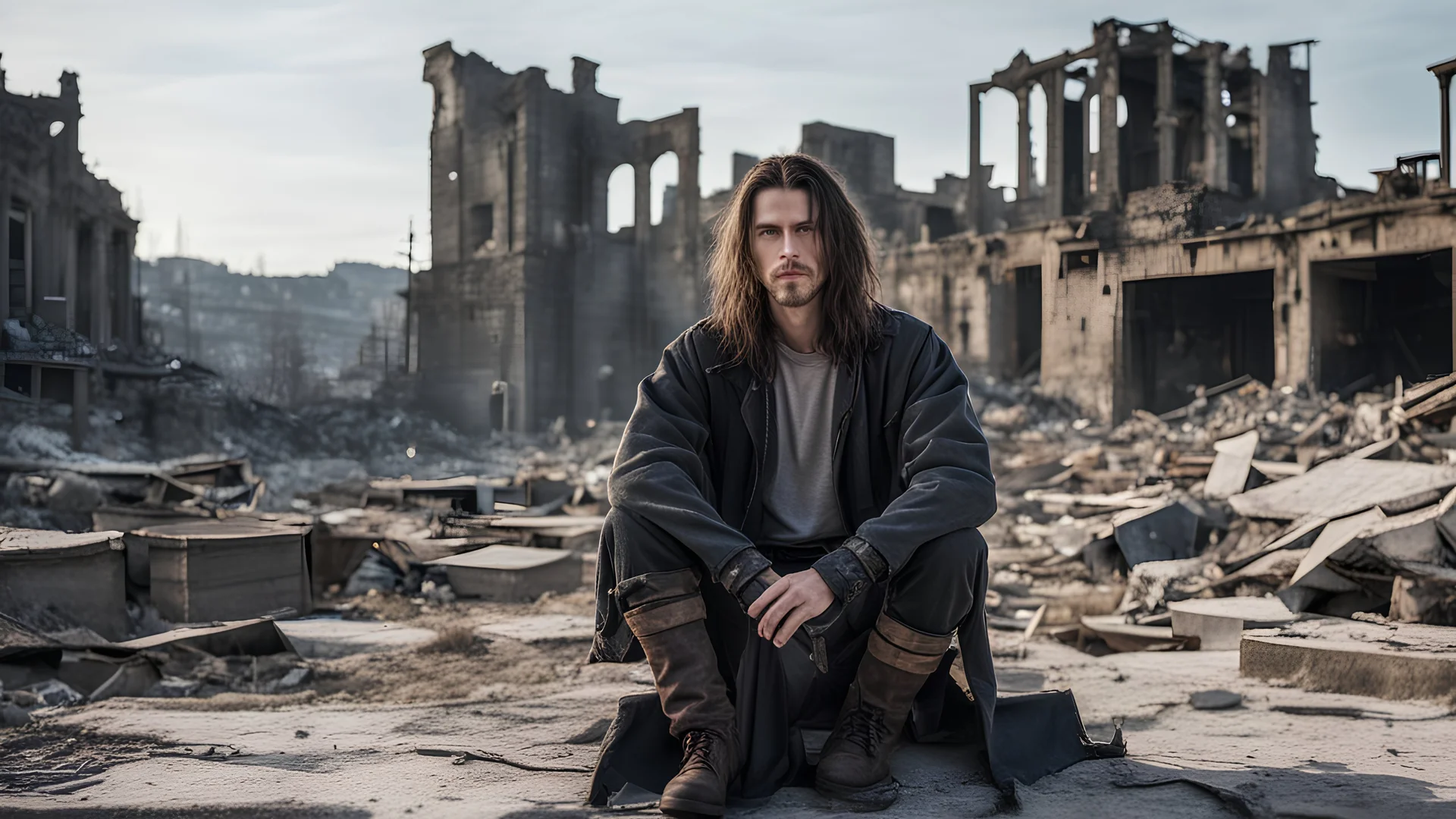 winter, RAW photo, (1man), (medium full shot), (sitting:1.1), in wastelander clothes, long haircut, pale skin, slim body, background is city ruins, (high detailed skin:1.2), 8k uhd, dslr, soft lighting, high quality, film grain, Fujifilm XT3