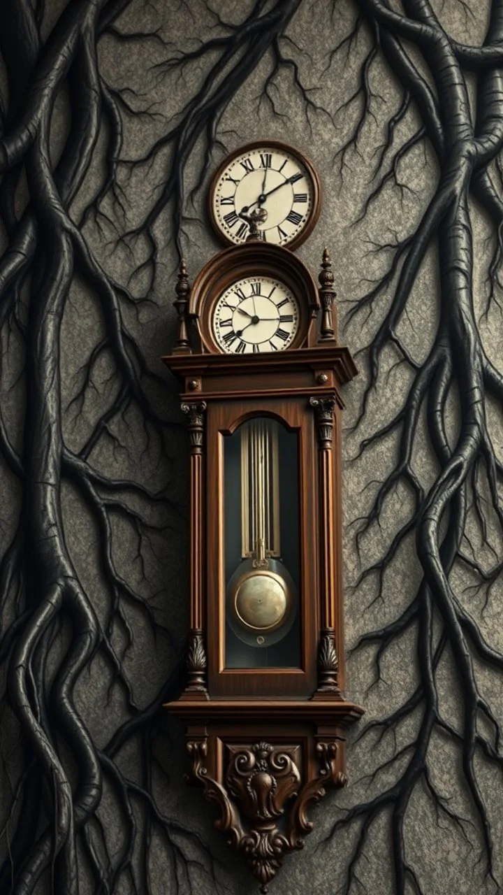An old clock in the background of black vein, human veins, mixing together a lot of them, like a forest, big and small veins a lot of them, an antique grandfather wooden old clock on the wall
