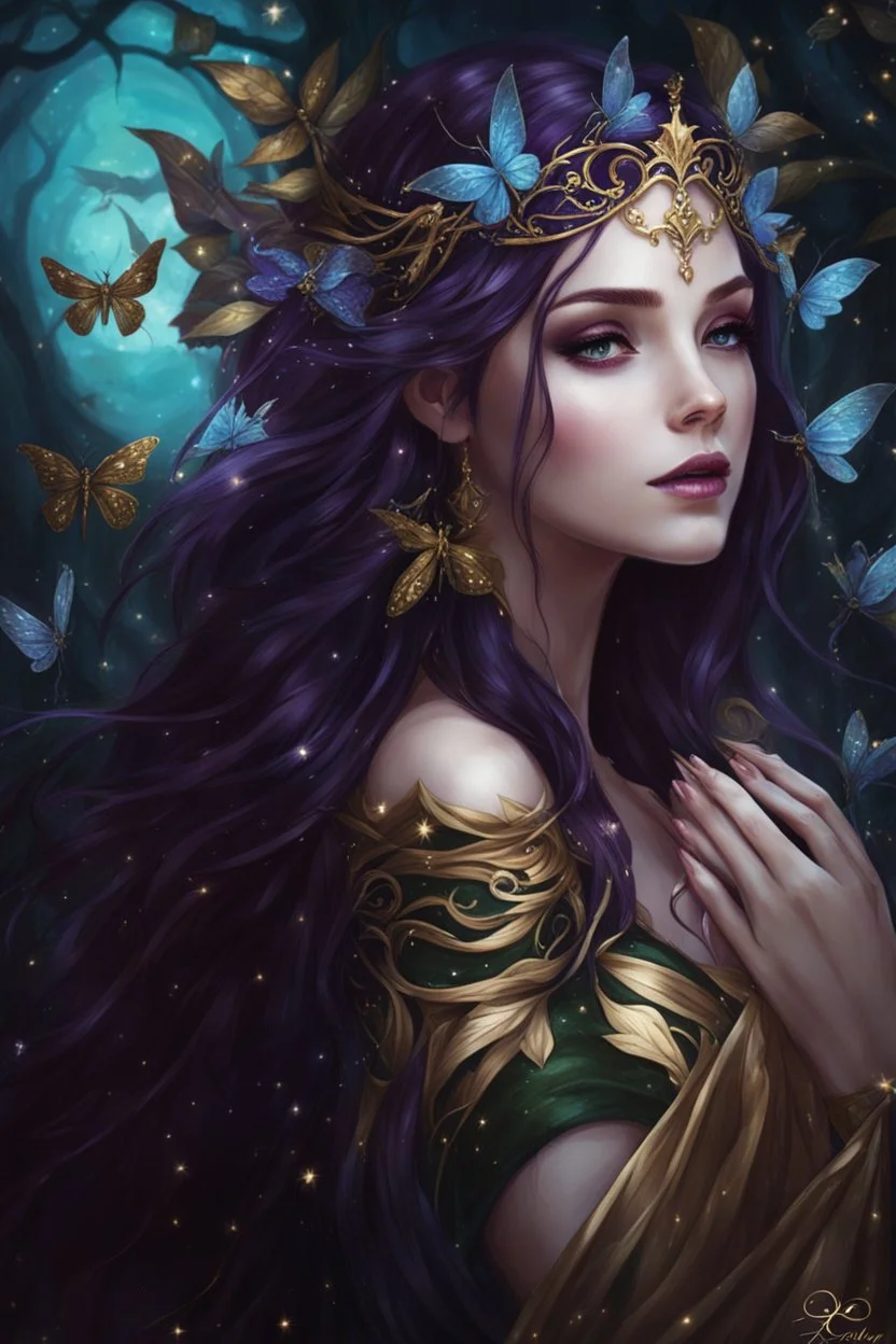 Burgundy hair, dark hair,purple, rapunzel hair,very long hair,dark fairy princess,elven crown,night,dragonflies,beautiful,ong ashes,golden armor ,sparkle,night blooming,ivy,dark green,lilly of valley,golden elven crown