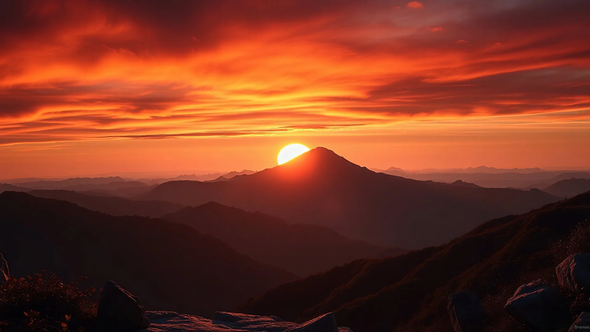 A breathtaking panorama of a mountain silhouette against a dramatic sunset sky. The sun's fiery hues of crimson, amber, and gold cascade brilliantly over the distant peak, casting long, dramatic shadows on the untouched landscape. Each rock, leaf, and undulating contour is rendered in striking photorealism with an emphasis on depth and texture.