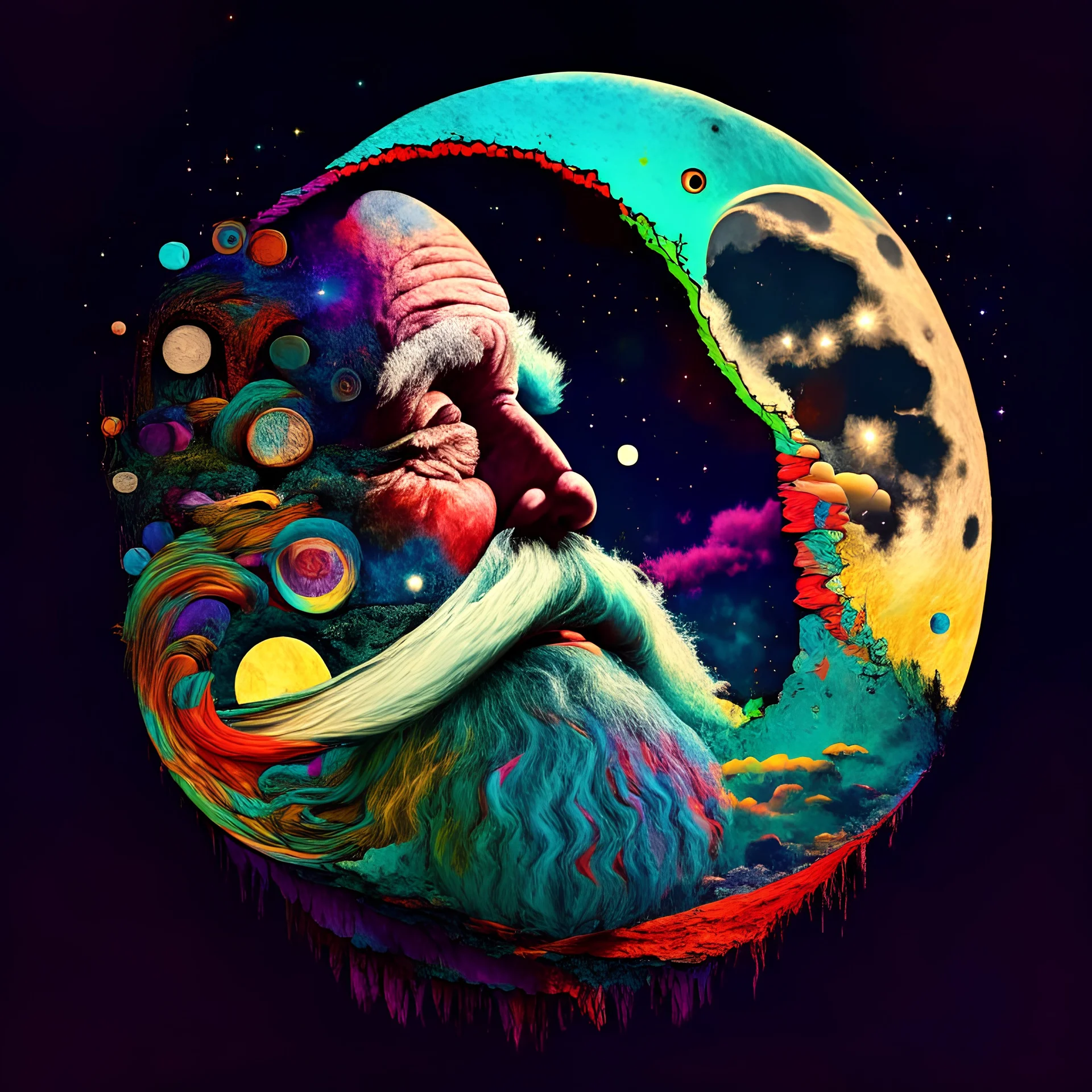 Super colorful complmentary deep vibrant colors By Alexander Jansson, Surreal image of a huge 3D crescent moon in the sky, the moon has an old man's face and beard.