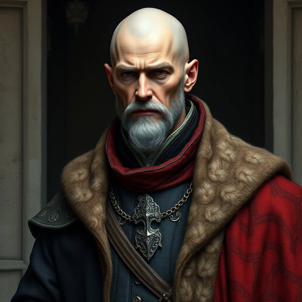 A bald greyskinned nobleman with a renaissance coat fantasy grimdark realistic