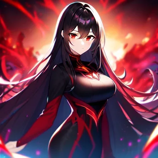 Clear focus, 8k, high quality, detailed, beautiful lighting, vibrant colors, black long hair, vibrant red eyes, girl, red lightning magic