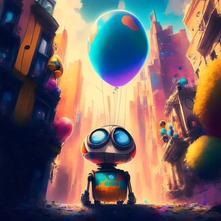 Wall-E, digital art, anime, 4k, full details, high resolution, colorful, alone, city, baloons