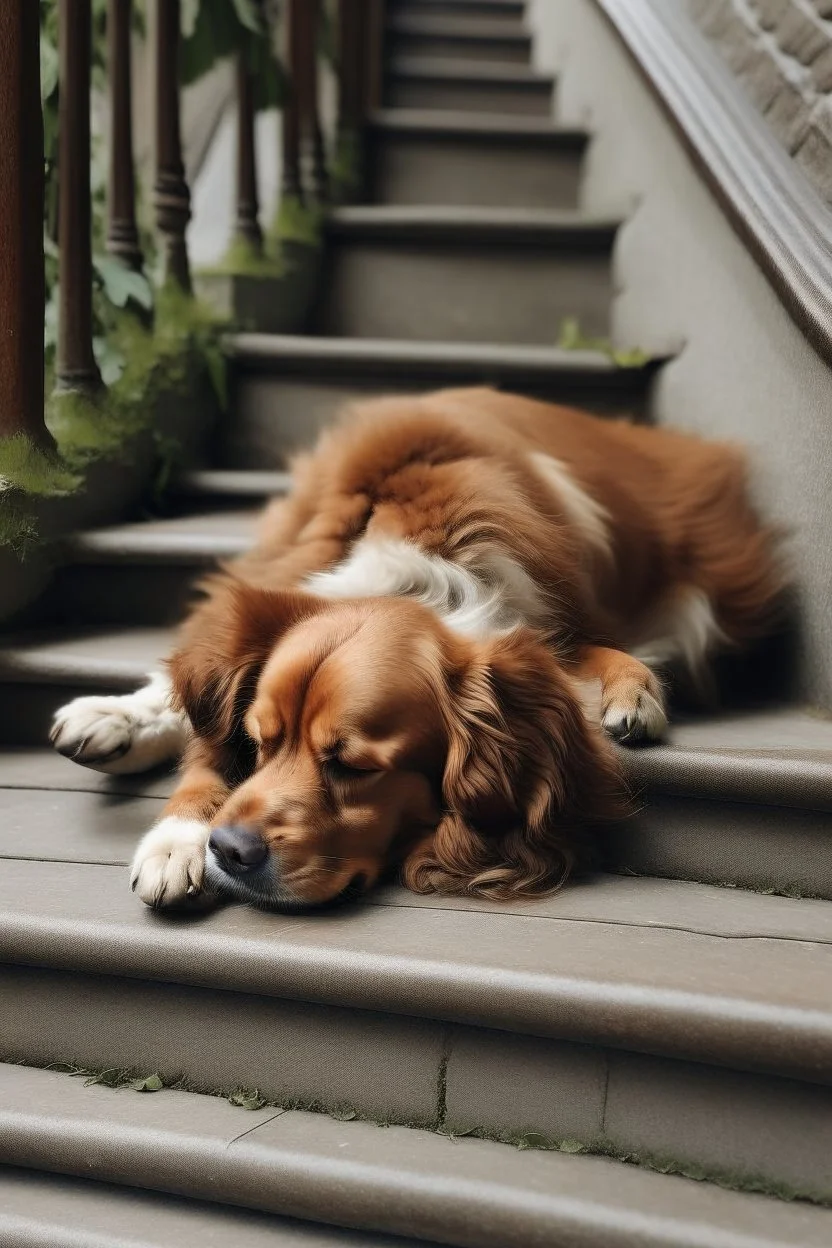 cane che dorme sdraiato vicino a dei gradini