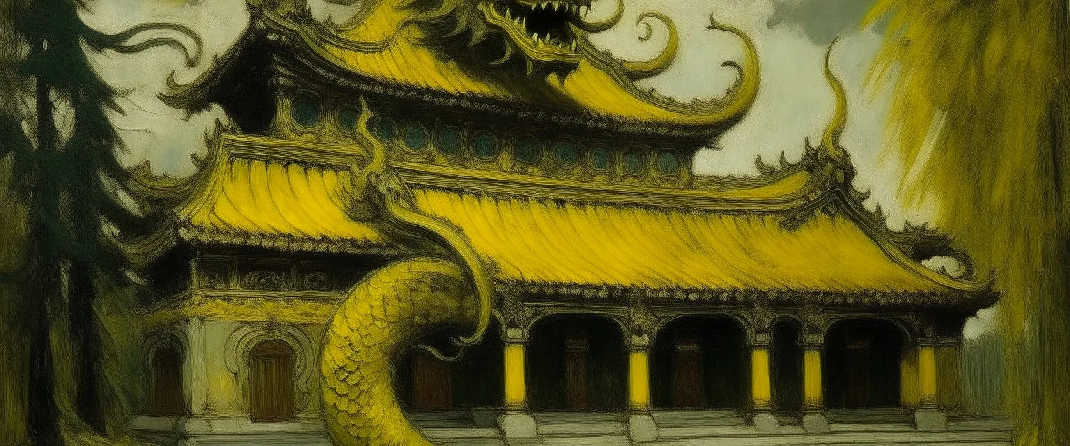 A dark grayish yellow Chinese dragon palace in daylight painted by Vincent van Gogh