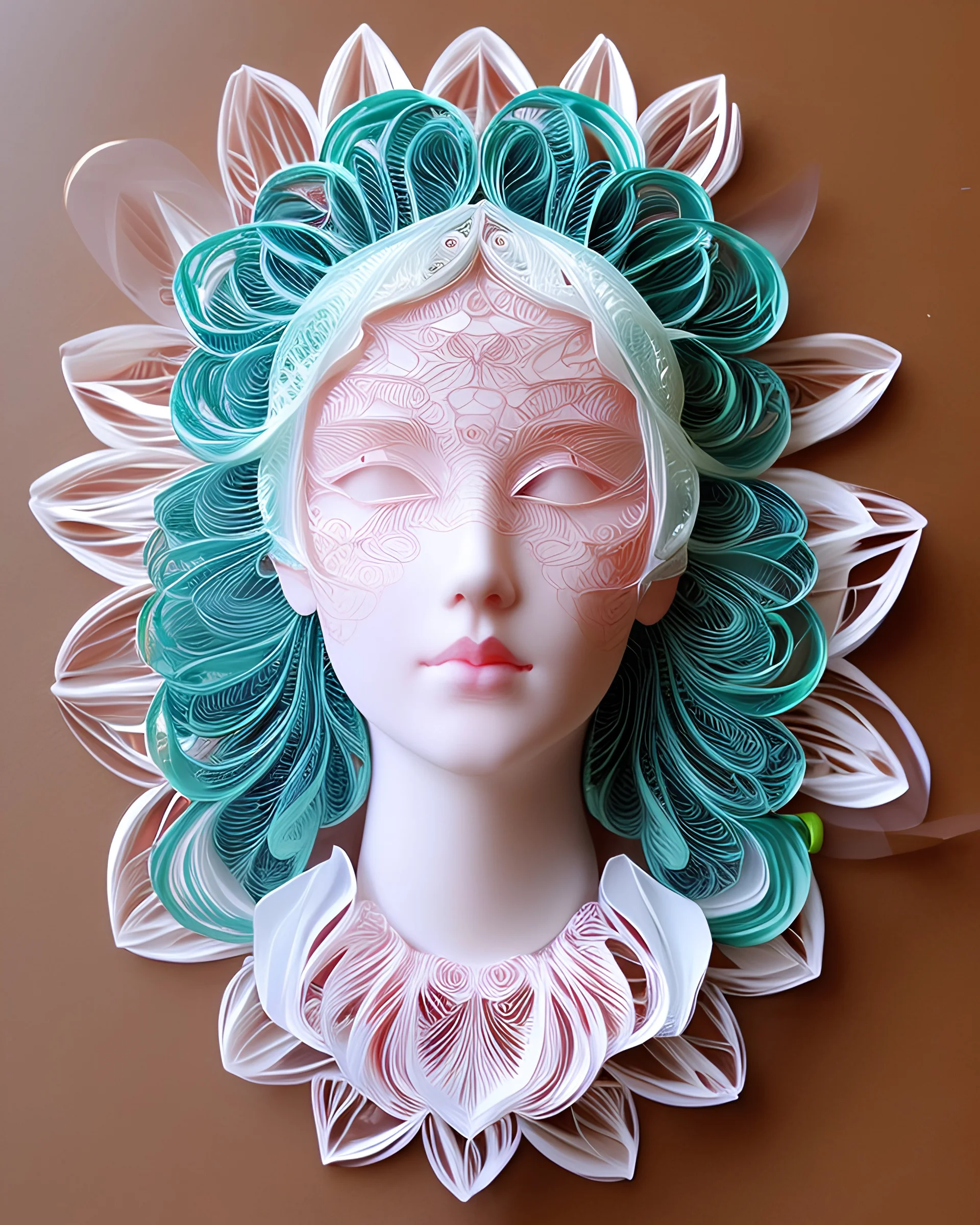 Superstring god, quantum deity, interdimensional beauty. human face looking down, frontal facing, profile, intricate origami flowers, detailed quilling paper, colorful, translucent plastic wrap. mixed media impressionism, fine arts and crafts, intricate embroidery, rococo spirtualism.