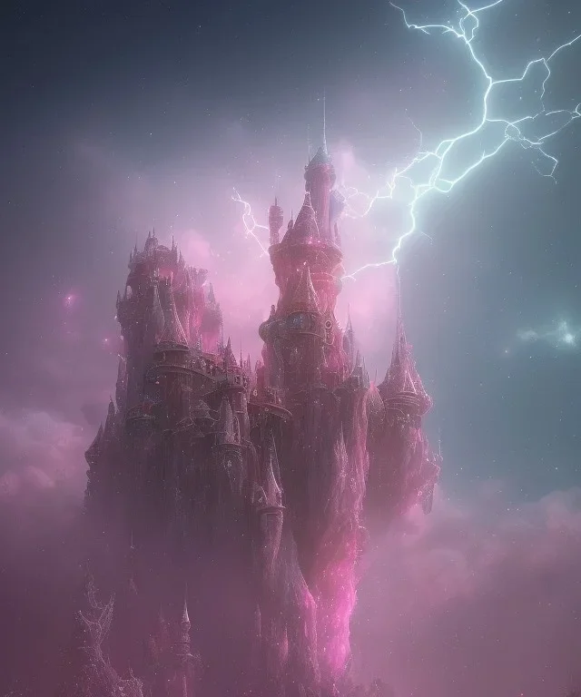 ciel étoilé,petit chateau féerique rose et bleu dans les brumes céleste, très fin lumineux, éclaire magnique dans le ciel, fantastique, divin élegan, tendance sur artstation, rendu houdini, magascans, trainée d'étoile roses et bleues