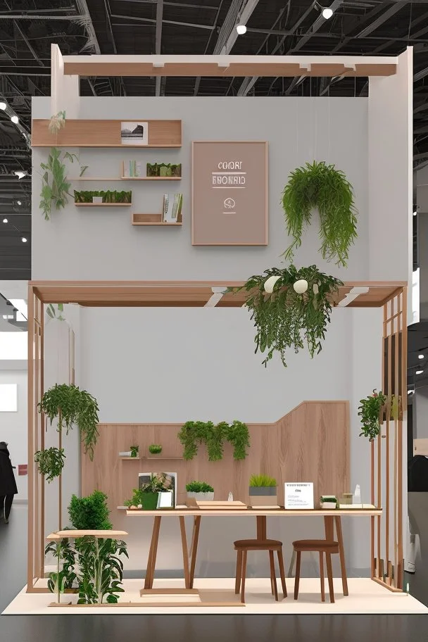 Corner exhibition stand in light colors with wood elements and greenery with two meeting areas