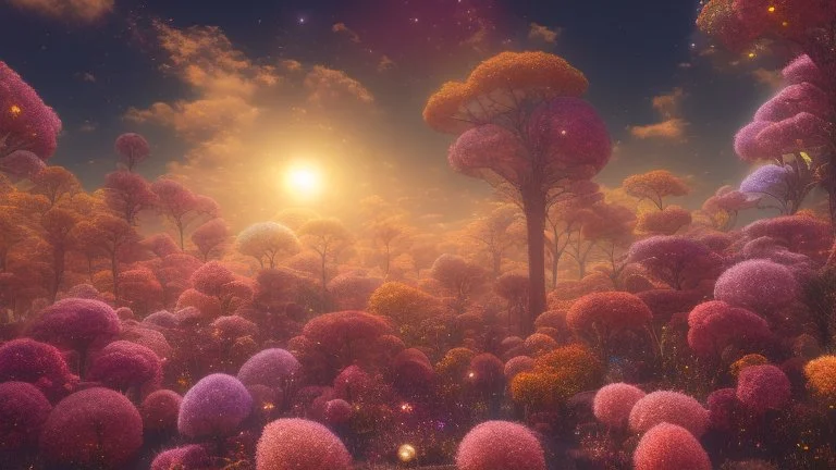 red and gold crystal cosmic and galactic ambiance hill sky sunny flowers trees futuristic landscape, full of details, smooth, bright sunshine，soft light atmosphere, light effect，vaporwave colorful, concept art, smooth, extremely sharp detail, finely tuned detail, ultra high definition, 8 k, unreal engine 5, ultra sharp focus