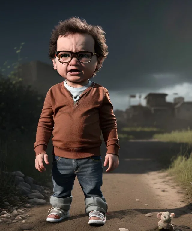 Leonard Hofstadter toddler, full body, dramatic lighting, angry, hyper realistic