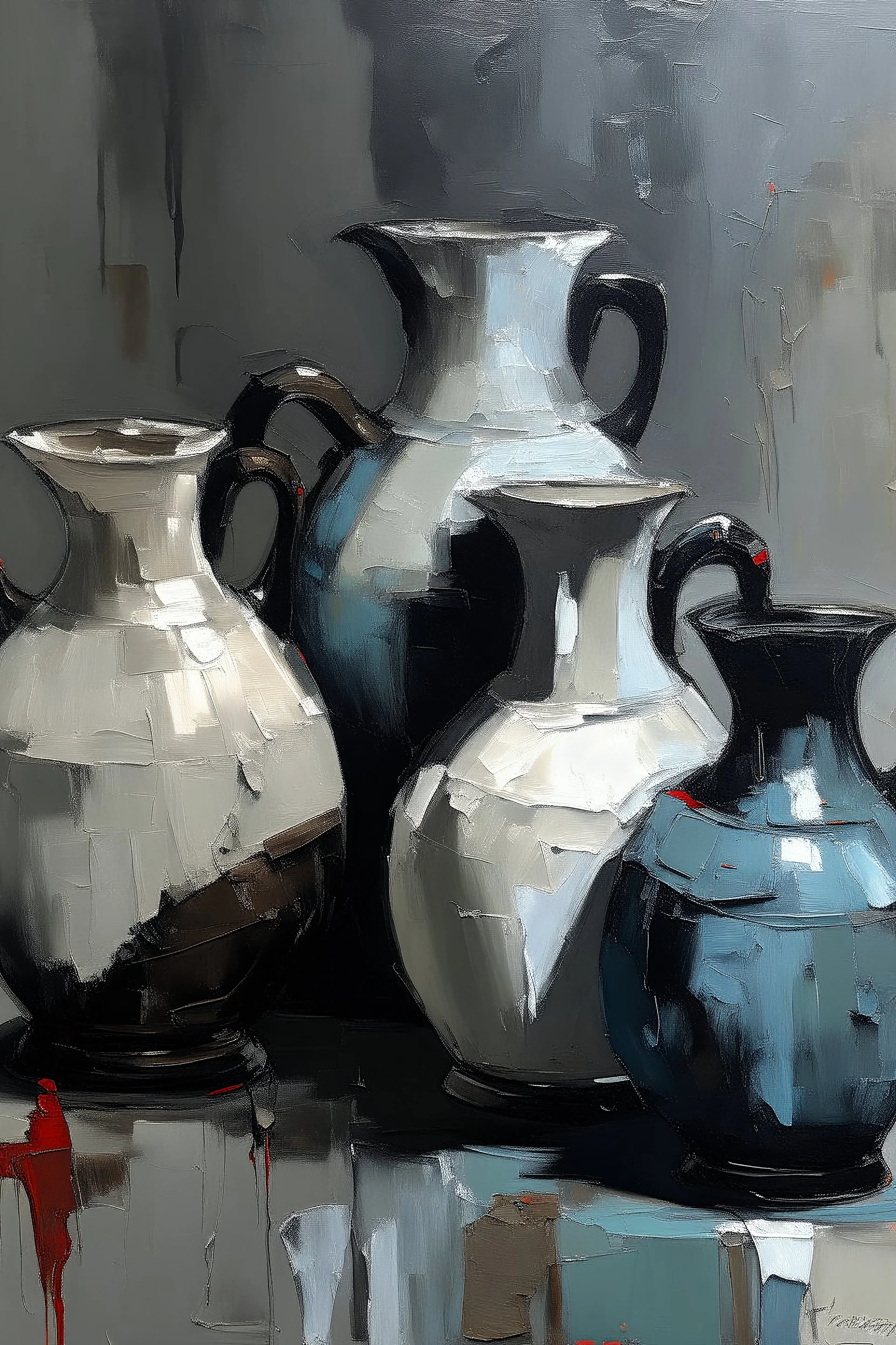 Thick impasto Oil painting of Vases and jugs in the style of Jeremy Mann