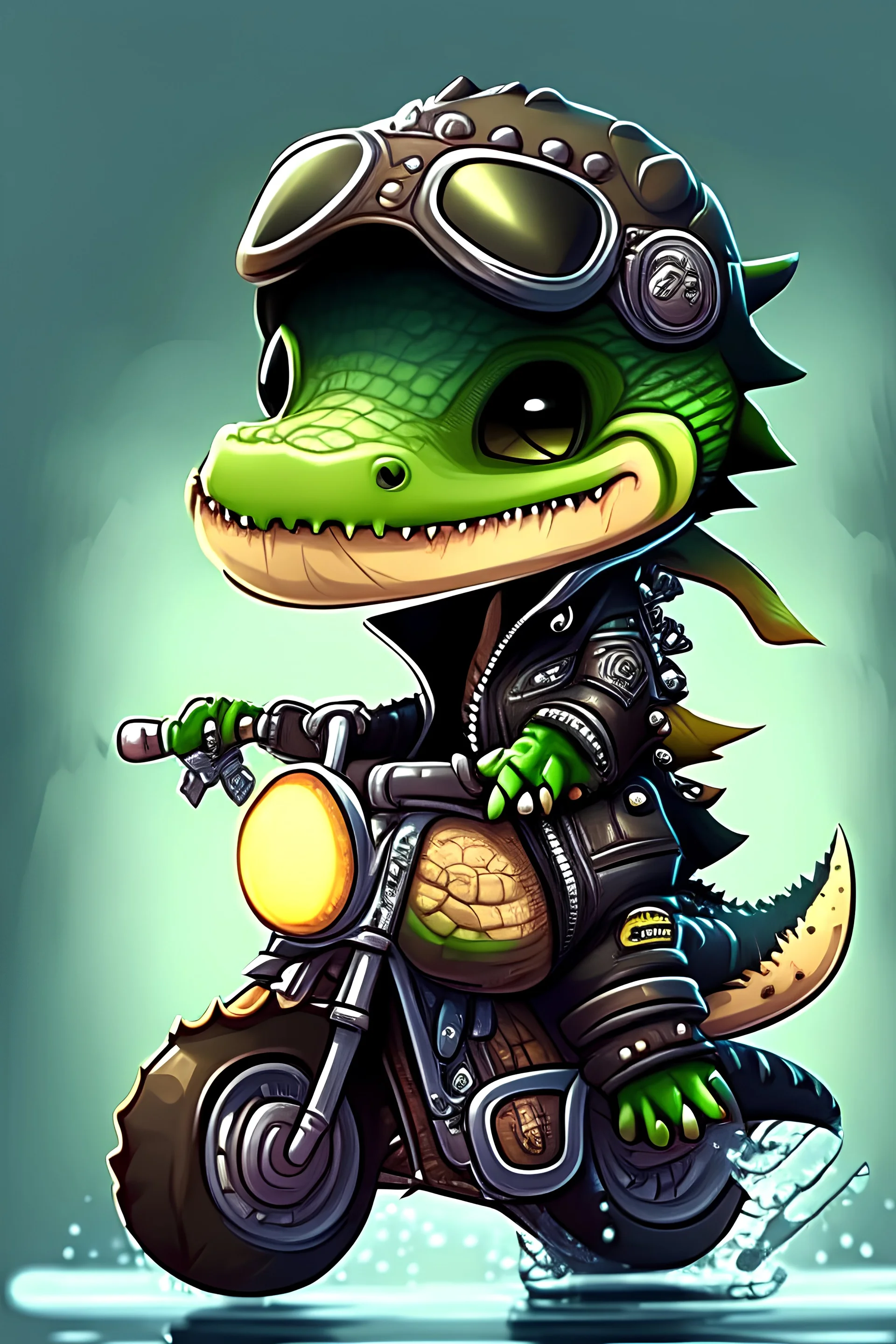 a cute chibi alligator driving a motorcycle leather jacket digital art game style, digital art, high quality, fantasy look,