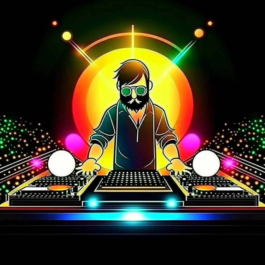 Dance hall ,dj play ,laser lights, disco ball, beard DJ play music with DJ desk