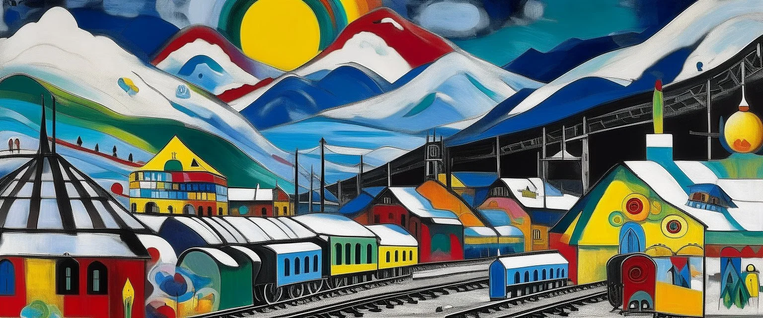 A white mountain with a train station painted by Wassily Kandinsky