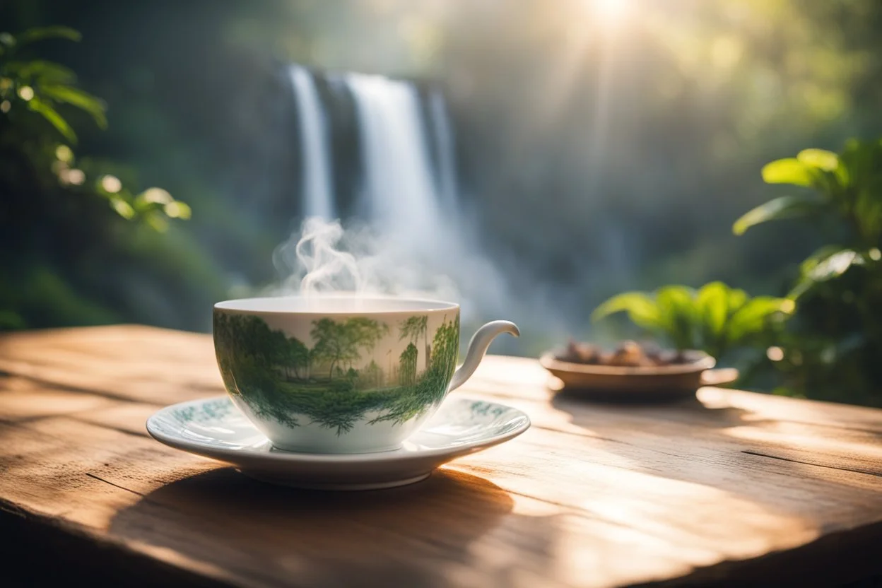 steaming tea in a beautiful china cup on a wooden table, rainforest and a waterfall in the distance in sunshine, ethereal, cinematic postprocessing, bokeh, dof