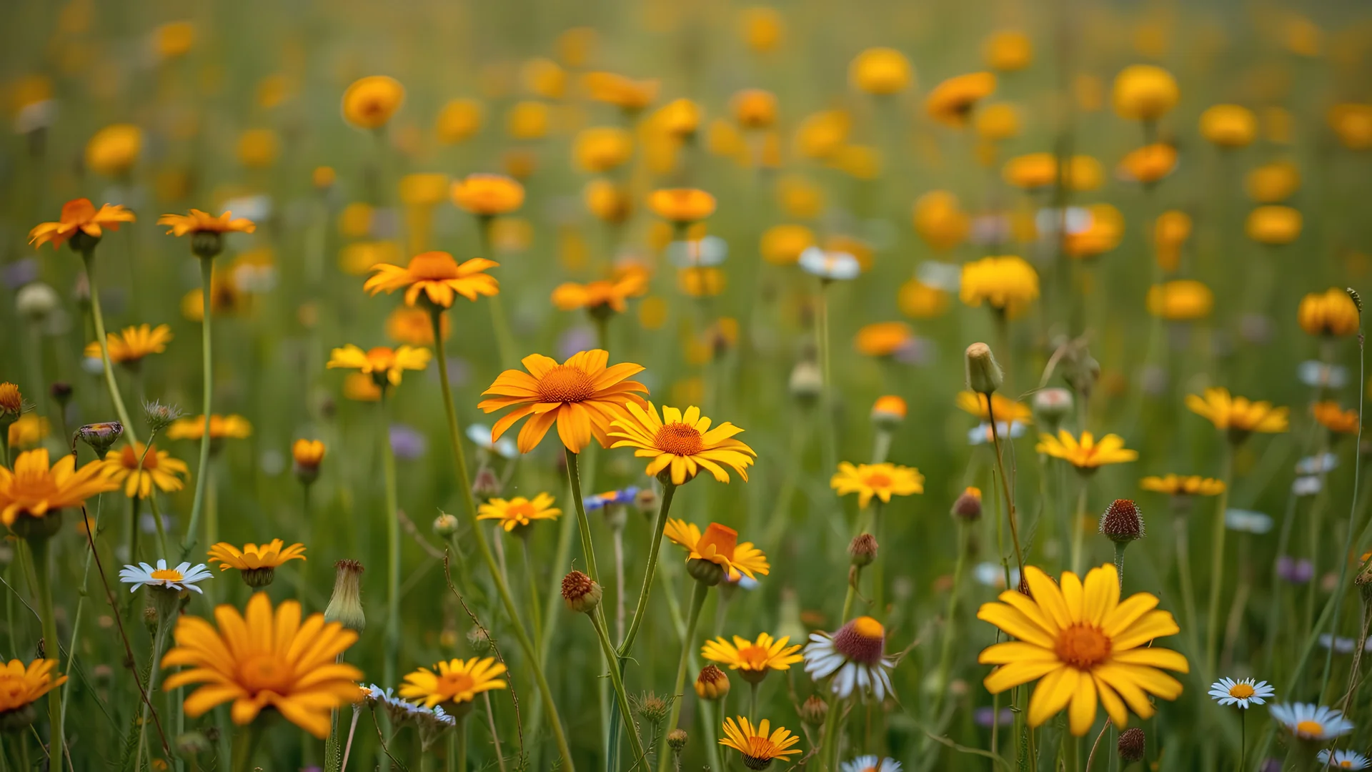 pretty wildflowers in the fields, orange and yellow and blue, 8k, high quality, trending art, trending on artstation, sharp focus, studio photo, intricate details, highly detailed, by tim burton