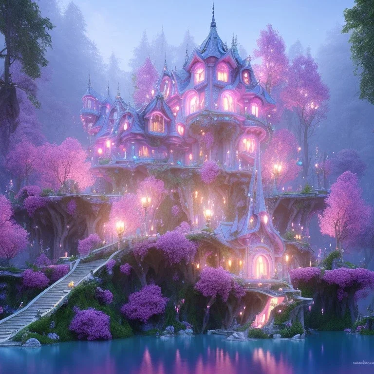 a magical flower bleu pink house in the woods, pink vertical, blue lake,sharp, vines, candlelit, endor, ornate, elegant, highly detailed, artstation, concept art, smooth, sharp focus, illustration, 8k, splash art, wallpaper, key visual